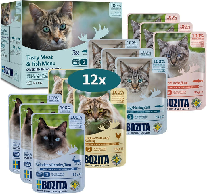 Bozita Hrană umedă Morsels în sos cu pește și carne - 12X85G pungă porție Hrană fără cereale și fără grâu - Hrană umedă pentru pisici adulte cu un conținut de 8,5% proteine și 4,5% grăsimi