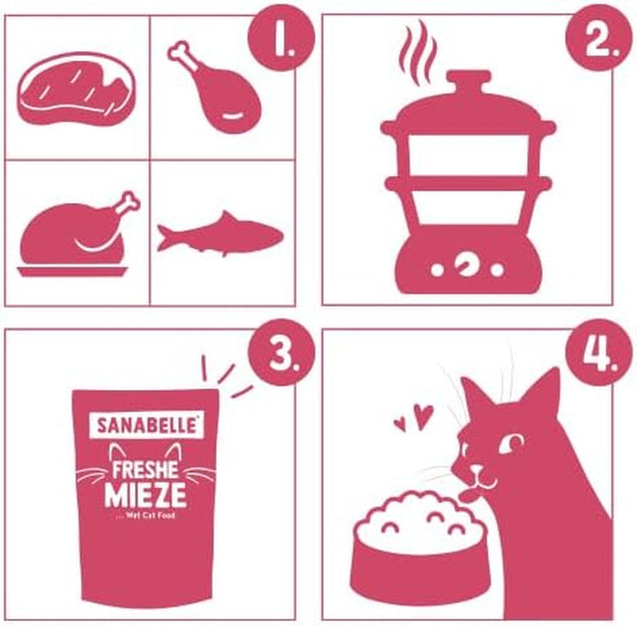 Sanabelle Freshe Mieze - Carne de vită și pui | Pungi de 100 g complet reciclabile | Hrană umedă gătită cu aburi pentru pisici | Hrană pentru pisici ca proaspăt gătită | O marcă Bosch Pet Food