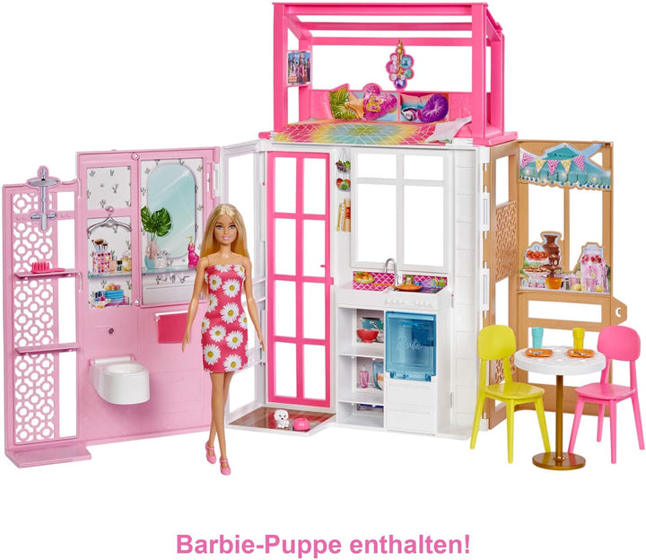 Casă de păpuși Barbie (70.6 X 51.4 Cm) cu 4 zone de joacă, accesorii și mobilier complet mobilate, rotativă 360°, pliabilă, păpușă, cadou pentru copii de la 3 ani, HHY40