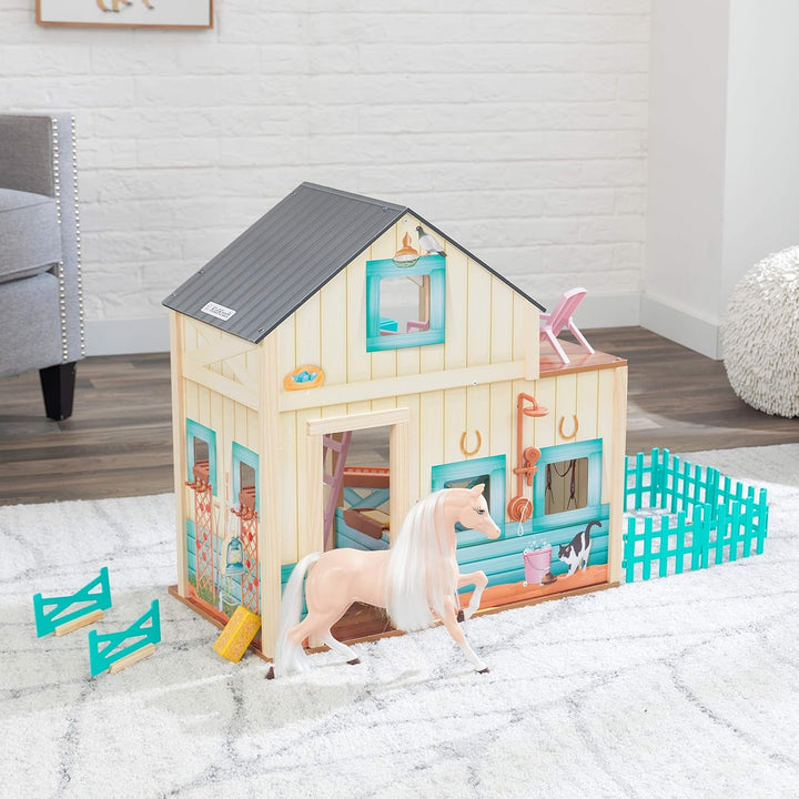 Casa de păpuși Kidkraft Sweet Meadow Horse Stable cu cal - set de joacă din lemn cu mobilier și accesorii, cadou de jucărie cu cal pentru băieți și fete de la 3 ani, 63534