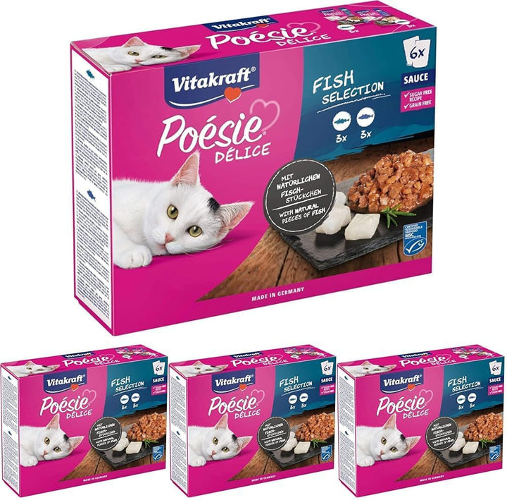 Vitakraft Poésie Délice, Fish Selection, hrană umedă pentru pisici, hrană umedă pentru pisici în sos, cu pollock, cu cod, fără adaos de zahăr și cereale (1 pachet de 6X 85G)