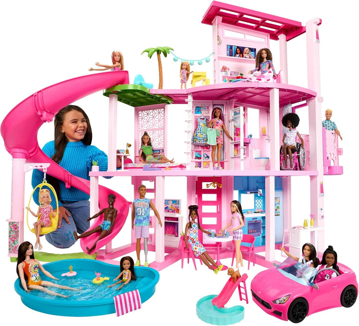 Barbie Dream Villa, casă Barbie cu 3 etaje cu 10 zone de joacă, inclusiv piscină, tobogan, lift, 75 de accesorii pentru păpuși, cățeluș de jucărie, jucărie pentru copii cu vârsta de peste 3 ani, HMX10