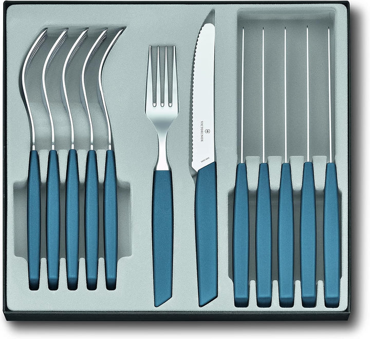 VICTORINOX Swiss Modern Besteck-Set Für 6 Personen, 12-Teilig, Inkl. Scharfe Messer Mit Wellenschliff, Kunststoffgriffe, Kornblumen-Blau