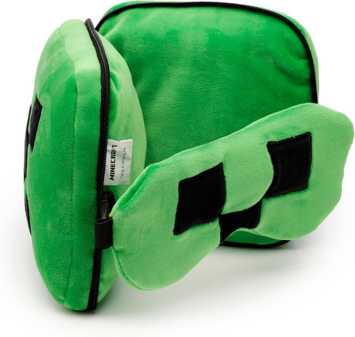 Puckator Relaxeazzz Minecraft Creeper pernă de călătorie din pluș și mască pentru ochi tetieră, pernă de dormit, pernă pentru gât, pernă de călătorie, mască de dormit, copii și adulți pentru mașină de călătorie, accesoriu pentru tren, avion