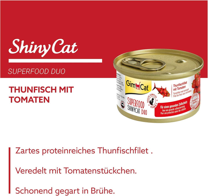 Gimcat Superfood Shinycat Duo Tuna With Tomatoes - Hrană pentru pisici cu file suculent fără zahăr adăugat pentru pisici adulte - 24 cutii (24 X 70 G)
