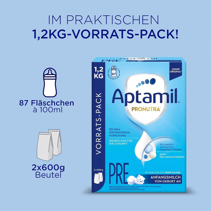 Aptamil Pronutra Anfangsnahrung Pre, Von Geburt An, Ohne Palmöl, Mit Schonendem Lactofidus Prozess, Vorratspack 1,2Kg