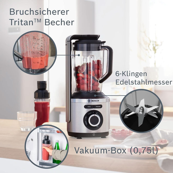 Bosch Vakuum-Standmixer Vitapower Serie 8 MMBV621M, Starke Mixleistung, Vitaminschonende Zubereitung, 4 Automatikprogramme, Vakuum-Togo Flasche, 37,000 U/Min, 1000 W, Silber