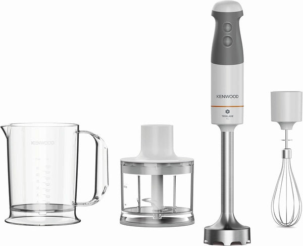 Kenwood Stabmixer HBM40.302WH, Triblade System Mit 3 Klingen, 1 Geschwindigkeit + Turbo, Metallstab 20 Cm, Inklusive Schneebesen, Messbecher, Zerkleinerer 0,5 L, 850 W, Weiß