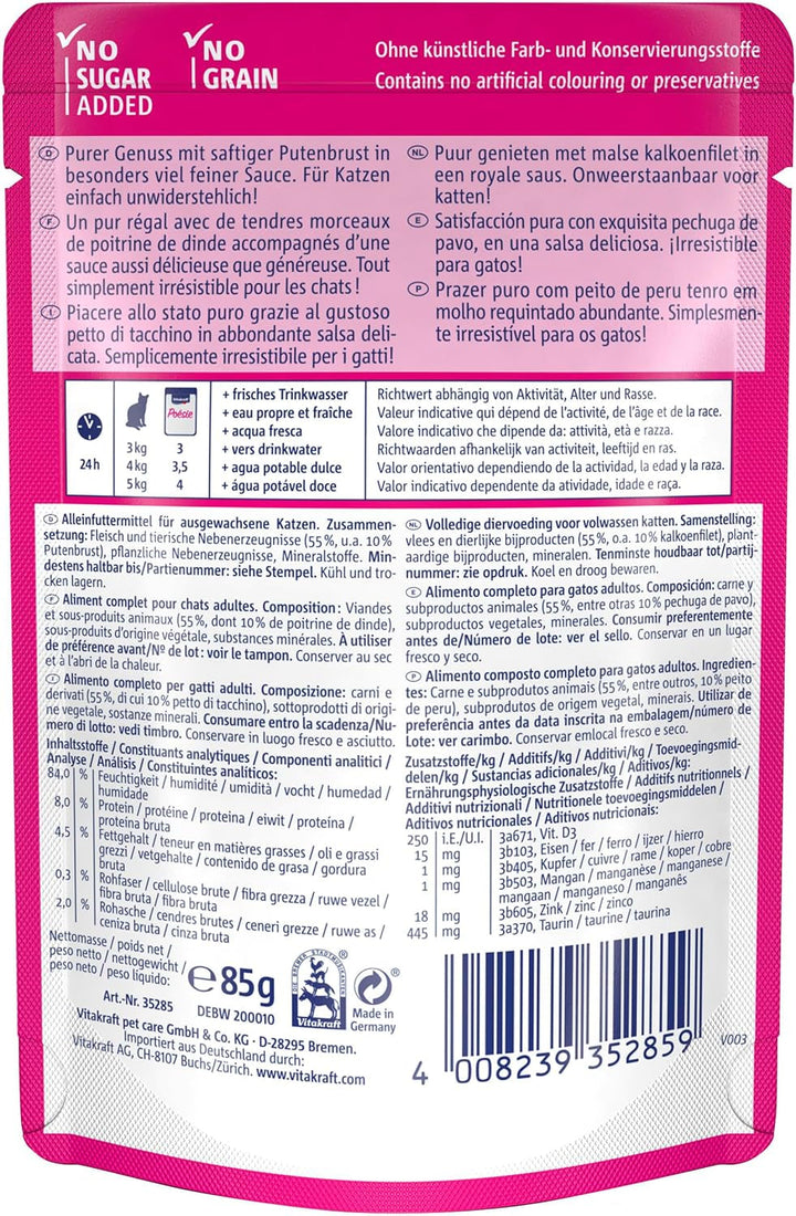 Vitakraft Poésie Délice, hrană umedă pentru pisici, hrană umedă pentru pisici în sos, cu curcan, preambalată, fără adaos de zahăr și cereale (23X 85G)