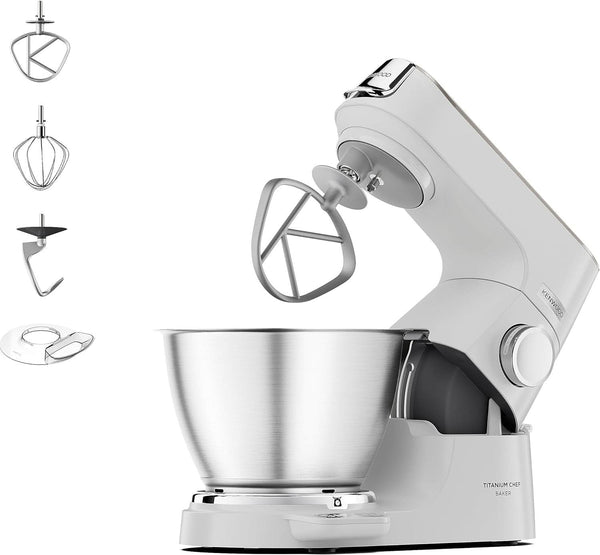 Kenwood Titanium Chef Baker KVC65.001WH, Küchenmaschine Mit Integrierter Waage, 1200 Watt, Inkl. 3-Teiligem Patisserie-Set, Spatel & Spritzschutz, Weiß