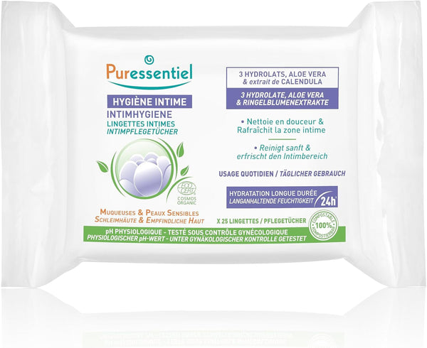 Puressentiel - Igienă intimă - Șervețele intime - Curățare și reîmprospătare - Mucoase și piele sensibile - Hidratare de lungă durată 24 de ore - Pentru uz zilnic - X25 buc.