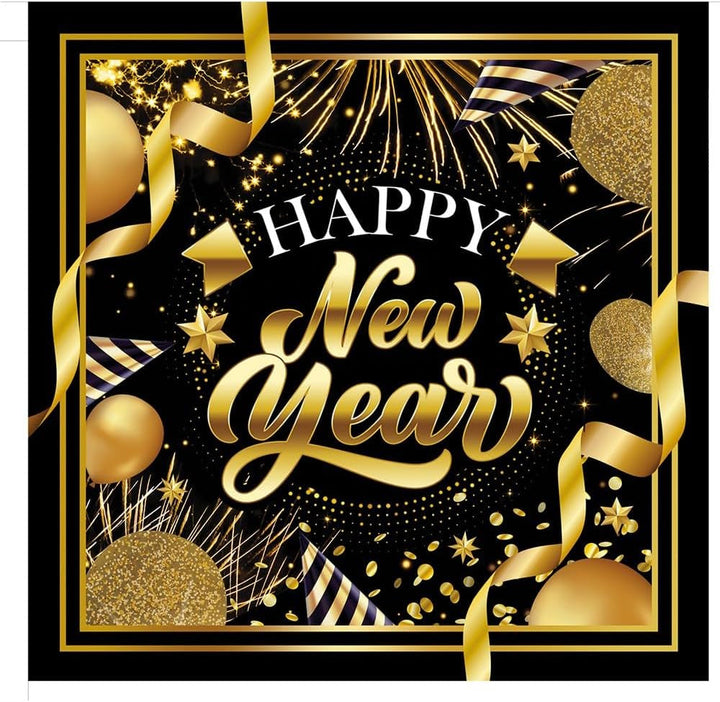 | 20 Șervețele Happy New Year (16X16 Cm) - Decorațiuni de masă pentru petreceri de Revelion - Ideal pentru evenimente și sărbători - Negru și auriu