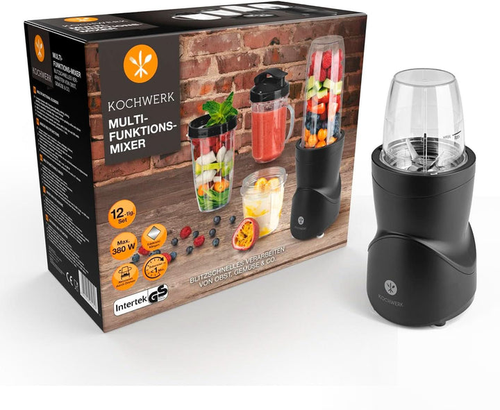 Smoothie Maker 12-Tlg | To-Go Deckel & 4 Mixbehälter | Für Obst, Gemüse & Nüsse | Mit Ice-Crush Funktion | Mini-Standmixer Zum Mixen, Rühren, Zerkleinern, Mahlen, Hacken & Pürieren | Bpa-Frei