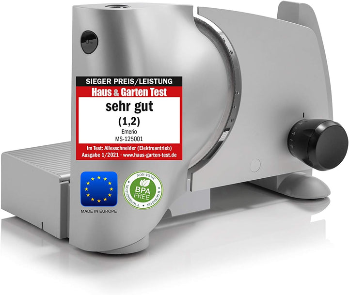 Emerio Allesschneider"Made in EU" MS-125000, Edelstahl Messereinheit in Deutschland Produziert, Einstellbar 0-17Mm, BPA Frei, Platzsparend Klappbar, Mit Sicherheitsschalter, Eco 100Watt, Weiß