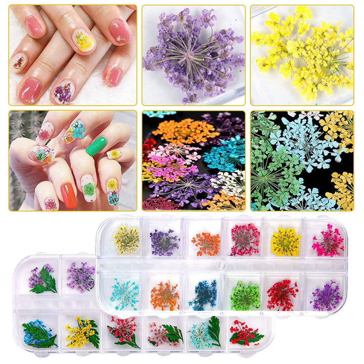 Getrocknete Blüten Nail Sticker, 2 Box 36 Stücke 3D Nail Art Kunstharz Blumen Sticker, Blüten Getrocknet Nagelkunst Trocken Blumen Nagel Zubehör Für Nagel Dekor DIY Design Mit 1 Gebogener Pinzette