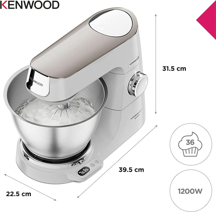 Kenwood Titanium Chef Baker KVC65.001WH, Küchenmaschine Mit Integrierter Waage, 1200 Watt, Inkl. 3-Teiligem Patisserie-Set, Spatel & Spritzschutz, Weiß