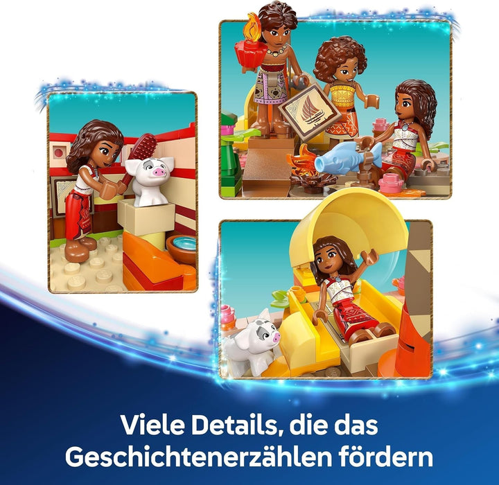 LEGO Ç€ Disney Vaiana 2: Pluta de aventură a Vaianei - Barcă de jucărie cu vele, punte detașabilă, foc de tabără și 3 mini păpuși, inclusiv Loto și Moni - Cadou pentru fete 6+ și fani - 43270