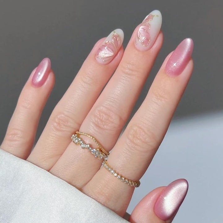 Mouyouglow Unghii False Magnetice Scurte, Roz Migdala Roșu Gradient Sclipici Cat Eye cu Lipici, Unghii Artificiale Roz Roșu Ombre Sclipici Fototerapie Pentru Femei și Fete