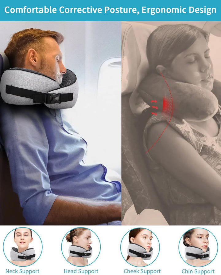 Aeroplane Neck Pillow, pernă de călătorie cu spumă de memorie, pernă pentru gât pentru adulți, pernă de avion reglabilă și lavabilă, pernă de călătorie ergonomică (gri)