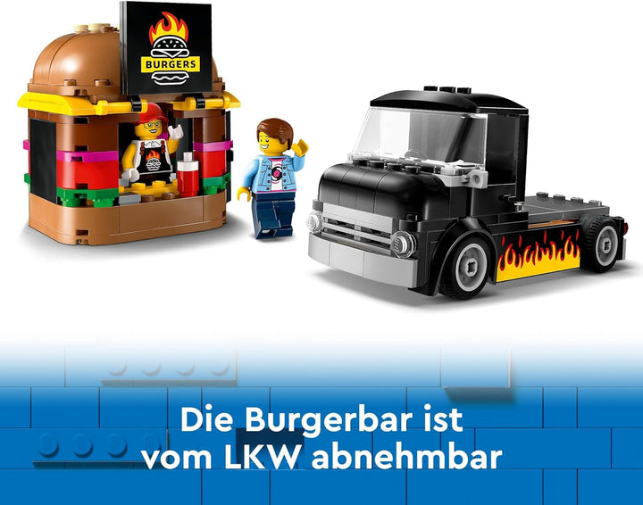 LEGO City Burger Truck, set de construcție cu mașină de jucărie pentru copii de 5 ani, minifigurină Food Truck și accesorii, cadou distractiv pentru băieți și fete 60404