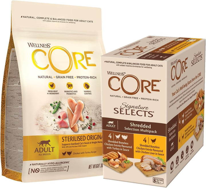 Wellness CORE Signature Selects, Shredded Selection Mix, 8 X 79 G, Hrană umedă premium pentru pisici adulte în sos, fără zahăr adăugat, fără cereale, cu conținut ridicat de carne