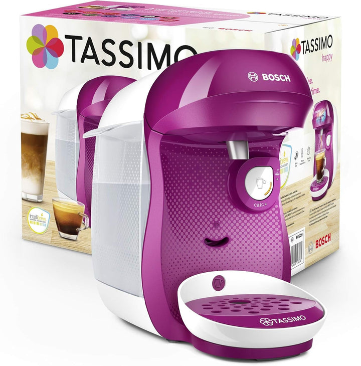Espressor Bosch Tassimo Happy Capsule TAS1001, 70 de băuturi, complet automat, potrivit pentru toate tipurile de cești, economisește spațiu, 1400 W, roz