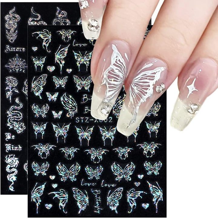 6 Blatt Schmetterling Nagelsticker Selbstklebend Laser Silber Schmetterlings Nagelaufkleber 3D Aurora Silber Schwarz Schmetterlinge Nagel Stickers Frühling Nageldesign Nail Sticker Nail Art Zubehör