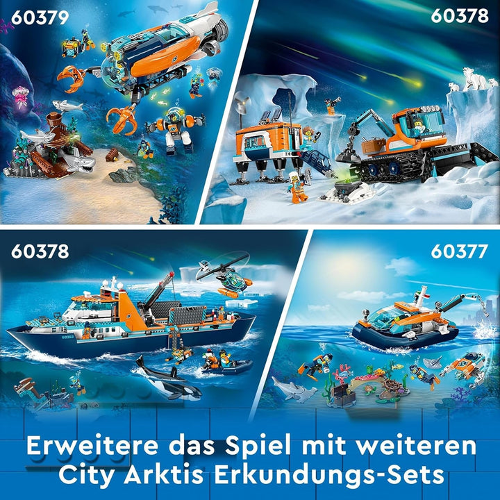 LEGO City Arctic Research Ship, barcă mare de jucărie plutitoare cu elicopter, barcă pneumatică, submarin Rov, epavă vikingă, 7 minifigurine și figură Orca, cadou pentru copii cu vârsta de 7+ 60368