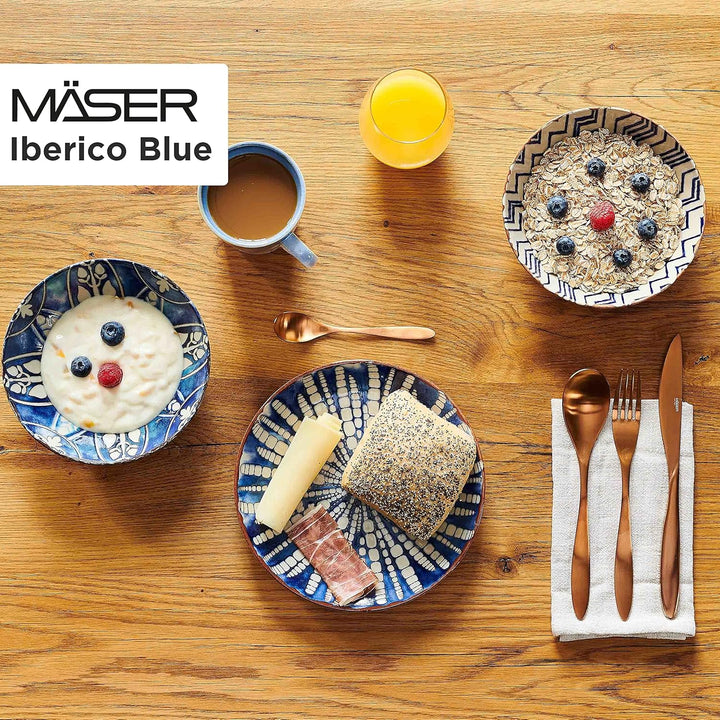 MÄSER 934017 Iberico Blue 12-Teiliges Tafelservice Für 4 Personen Im Maurischen Stil, Teller Set Mit Verschiedenen Vintage Mustern in Weiß Und Blau, Steinzeug