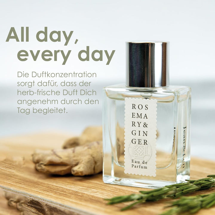 Jean & Len Rosemary & Ginger Eau De Parfum, parfum proaspăt-picant de rozmarin și ghimbir, fabricat într-o sticlă minimalistă de sticlă, parfum pentru femei și bărbați, 30 ml