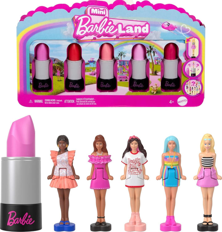 Barbie Mini Barbieland Set de 5 păpuși Fashionistas, Aprox. 3.8cm înălțime Mini păpuși în mâneci de ruj, set de colecție cu surprize (stilurile pot varia), JBD26