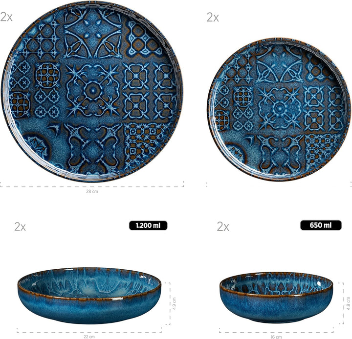 MÄSER 934063 Serie Tiles Modernes Vintage Geschirr Set Für 2 Personen in Maurischem Design, 8-Teiliges Tafelservice Mit Tellern Und Schalen Aus Hochwertiger Keramik, Steinzeug, Blau