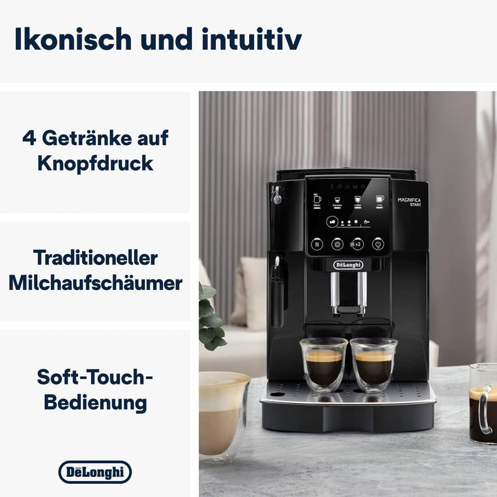 De'Longhi Magnifica Start ECAM222.20.B, Mașină de cafea complet automată cu spumă de lapte, pentru cappuccino, cu selector espresso direct și funcție 2X espresso, râșniță conică în 13 trepte, 1450 W, negru