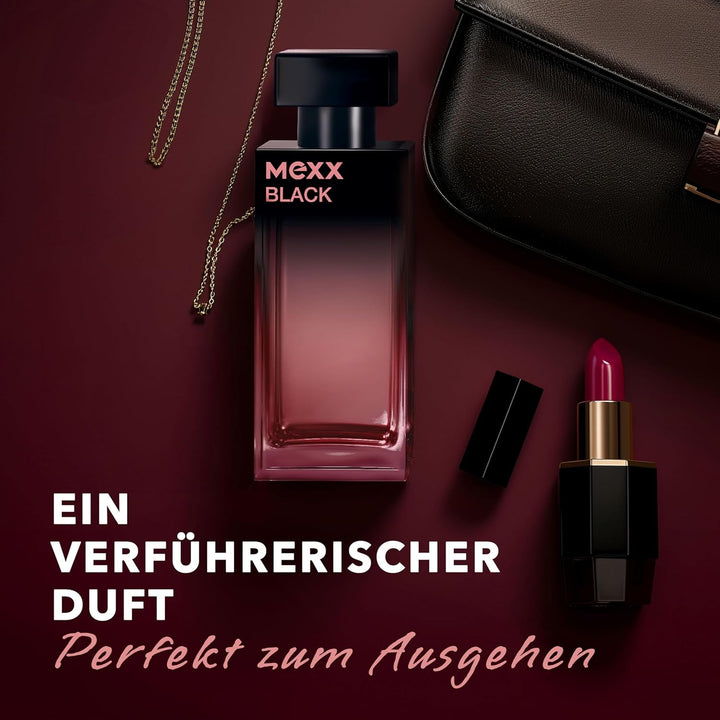 MEXX BLACK Woman Eau De Parfum, parfum captivant, intens cu note fructate pentru femei senzuale, 30ml