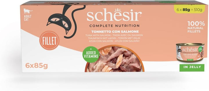 , Ton cu somon în jeleu, hrană umedă completă pentru pisici, la cutie, cu vitamine suplimentare, 100% naturală, 6 X 85 G