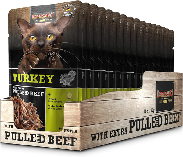 LEONARDO Fresh Pouch [16X70G Curcan cu fâșii de carne] Pulled Beef | Hrană umedă fără cereale pentru pisici | Hrană completă pentru pisici