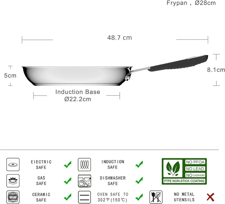 Amazon Basics Edelstahl-Bratpfanne Mit Antihaftbeschichtung - Induktionsgeeignet, Mit Bequemem Griff - 28 Cm