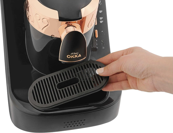 Espressor turcesc Arzum Okka, complet automat, 3 dimensiuni de cești, funcție de autocurățare, rezervor de apă de 950 ml, senzor de supraprotecție, design compact, negru-auriu