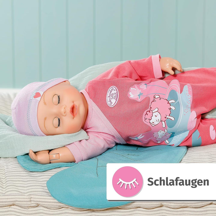 Baby Annabell Emily Run With Me 43cm, păpușă care se târăște și merge, cu funcție de sunet, rochiță și pălărie roz, 710623 Zapf Creation
