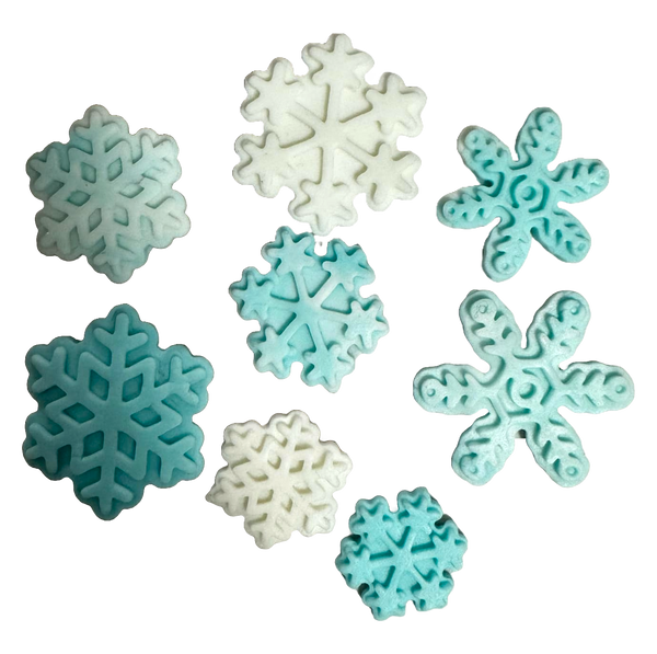 Establecer 8 decoraciones comestibles de azúcar, copos de nieve