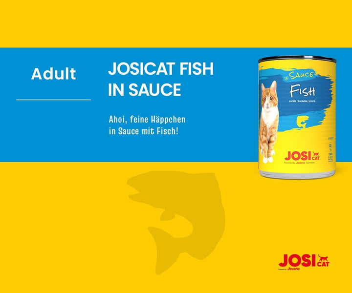 Josicat Fish in Sauce (12 X 415 G) | Adult | Hrană umedă premium pentru pisici adulte | Somon în sos | Vitamina D3 & E | Powered by JOSERA | Hrană umedă pentru pisici | Hrană completă | 12-Pack