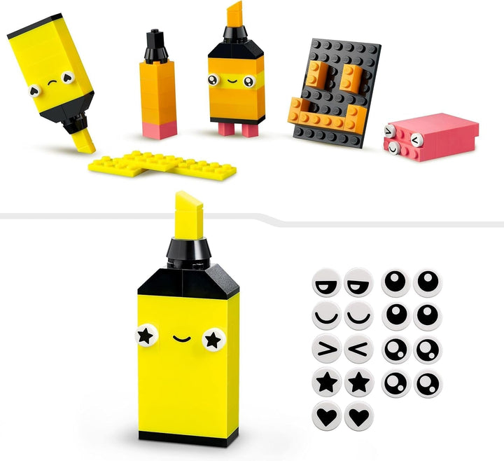 LEGO 11027 Classic Neon Creative Building Set, Brick Box Set, Jucărie de construcție cu modele: mașină, ananas, extraterestru, patine cu rotile, figuri și multe altele, pentru copii de la 5 ani în sus
