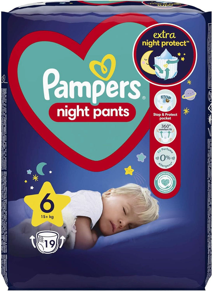 Pampers Night Pants mărimea 6 (15+ kg), 19 scutece, scutecele de noapte oferă protecție toată noaptea