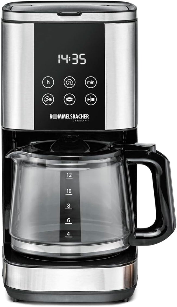 Espressor cu filtru Rommelsbacher FKM 1000 - rezervor de apă de 1,5 litri pentru 12 cești de cafea, carafă de sticlă, preselectare oră de pornire, funcție de încălzire, funcție de aromă, suport detașabil pentru filtru 1X4