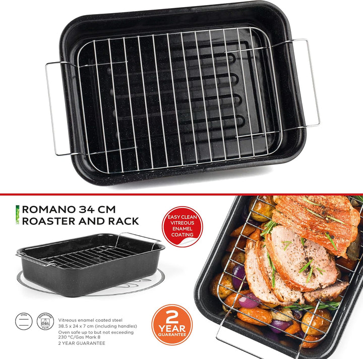 Russell Hobbs CW9161 Romano 34Cm Emaille Bräter - Mit Gitter, Rechteckige Auflaufform Mit Rost, Spülmaschinenfest Ofenform, Grill Auflaufform, Bratform Für Backofen Ofenbeständig Bis 230 Grad