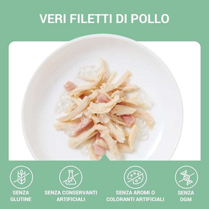 , File de pui cu șuncă în jeleu, Hrană umedă complementară pentru pisici, Rețetă originală, 100% naturală, 12 cutii la 70 G