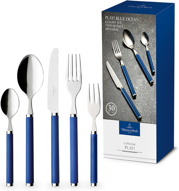 Villeroy & Boch – Play! Blue Ocean Tafelbesteck, Set 30 Teilig Blau, Spülmaschinenfest, Besteck Bunte Griffe, Besteck Kunststoffgriffe, Besteck Set, Essbesteck, Messer, Gabel, Edelstahl, Kunststoff