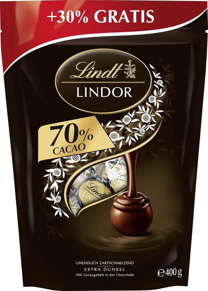 Lindt Schokolade LINDOR Kugeln Edelbitter | 400 G | Ca. 30 Kugeln Edelbitterschokolade Mit 70% Kakao Mit Dunkler Zartschmelzender Füllung | Pralinengeschenk | Schokoladengeschenk