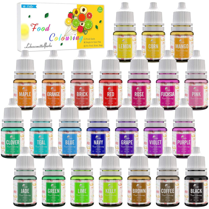 Lebensmittelfarbe 24 Farben - Flüssige Lebensmittel Farben Zum Kuchen Backen, Kekse, Macaron, Dekorieren Und Kochen - Lebendiger Lebensmittelfarbstoff Für Airbrush, Fondantieren - Je 6 Ml