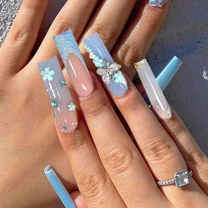 24 buc unghii artificiale albastru fluture, pătrate, unghii franțuzești prinse cu apăsare, lungi, sclipici, strălucitoare, stras, vârfuri unghii false